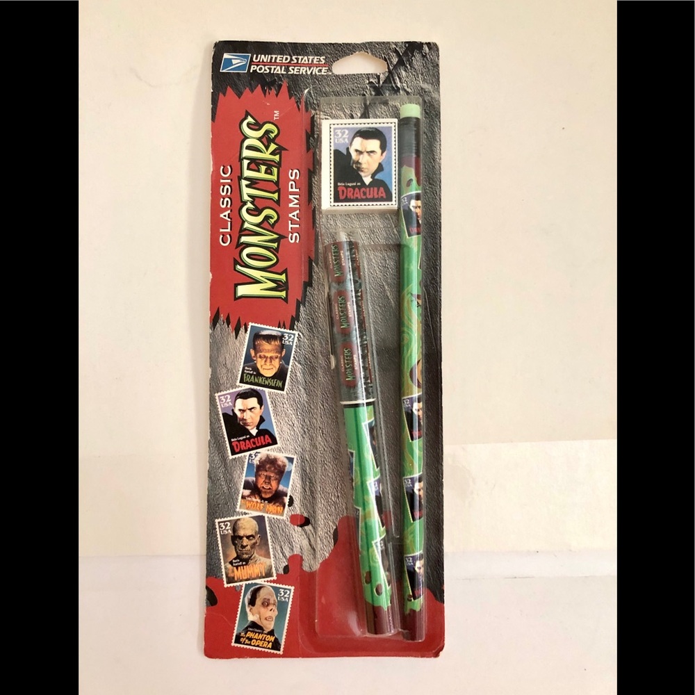 1997 USPS Classic Monsters Stamps Dracula Pen and Pencil and Eraser Set